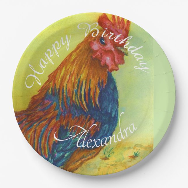 Colorful Rooster Happy Birthday Paper Plate (Front)