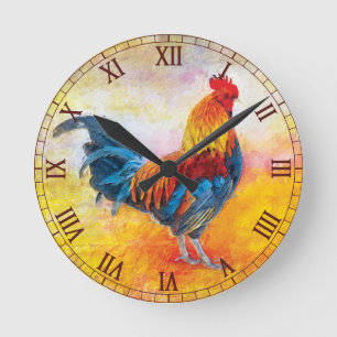 Colorful Rooster Maroon Roman Numbers Round Clock