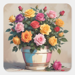 Colorful roses bouquet square sticker