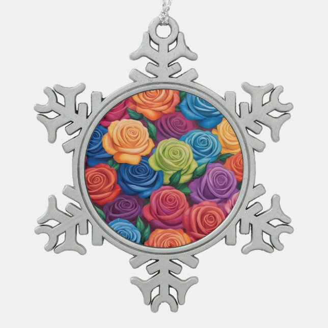 Colorful roses pattern snowflake pewter christmas ornament (Front)