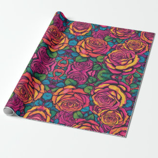 Colorful Roses Psychedelic Bright Flowers Retro  Wrapping Paper