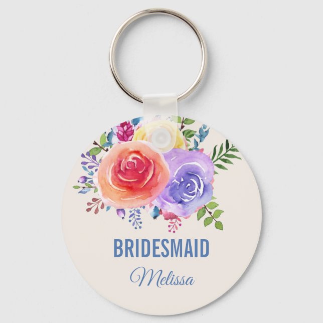 Colorful Roses Watercolor Floral Wedding Key Ring (Front)