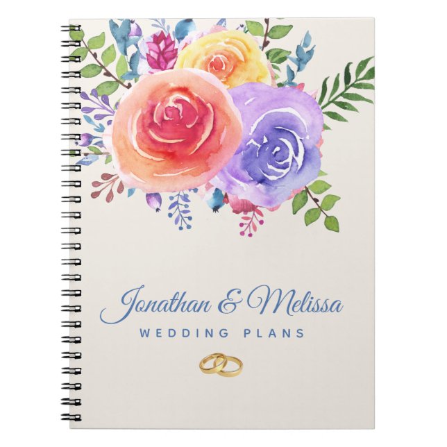 Colorful Roses Watercolor Floral Wedding Plans Notebook (Front)