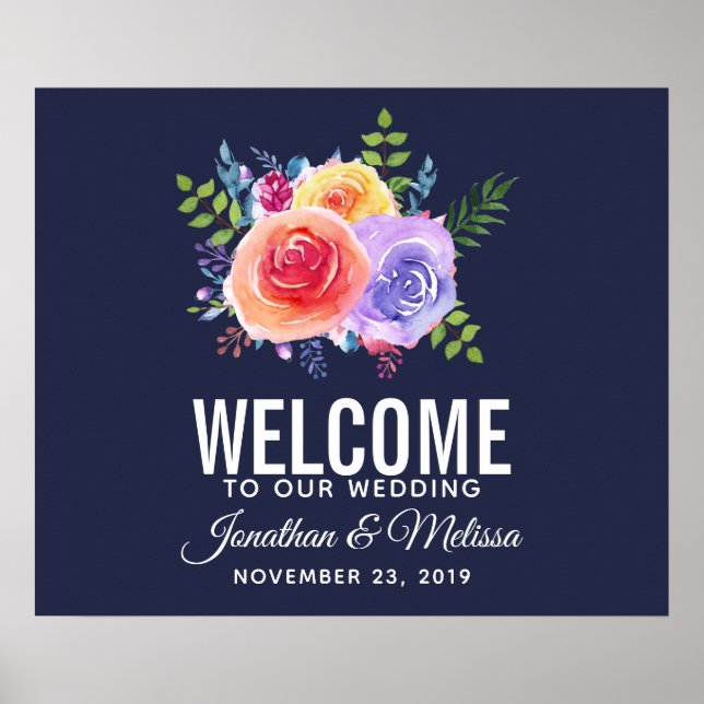 Colorful Roses Watercolor Floral Wedding Welcome Poster (Front)