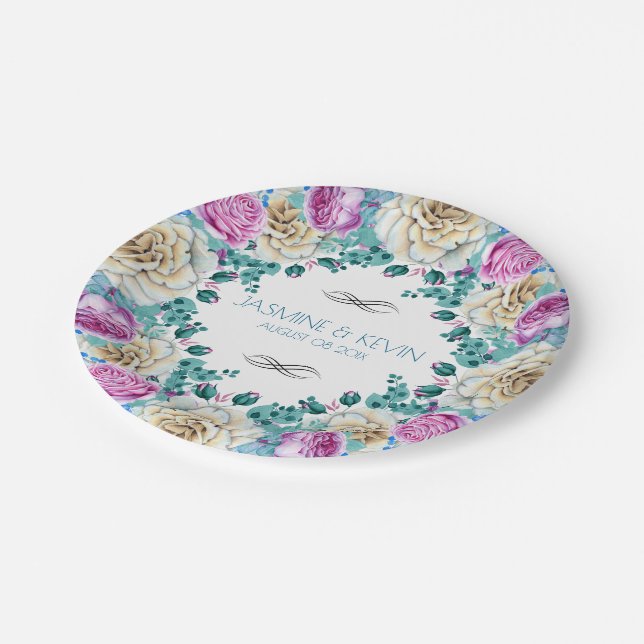 Colorful Roses Wedding Wreath Paper Plate (Angled)