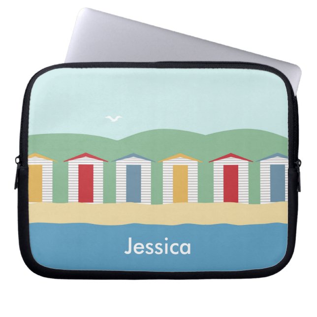 Colorful Row of Beach Huts Summer Personalised Laptop Sleeve (Front)