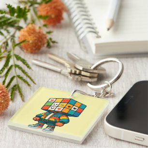 Colorful Rubik Cube Head Character Sticker Key Ring