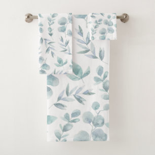 Colorful Rustic Eucalyptus Watercolor Leaves Bath Towel Set