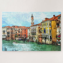 Colorful Scenic Venice Canal Grande Watercolor Art