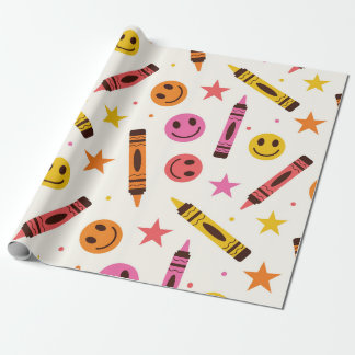 Colorful School Crayons with Happy Faces Pattern Wrapping Paper
