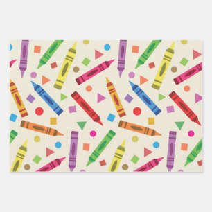 Colorful School Crayons with Shapes Pattern Wrapping Paper Sheet