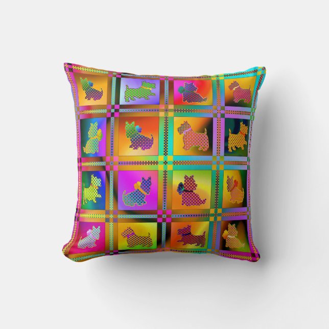   Colorful  Scottish Terriers with Plaid Pattern Cushion (Front)