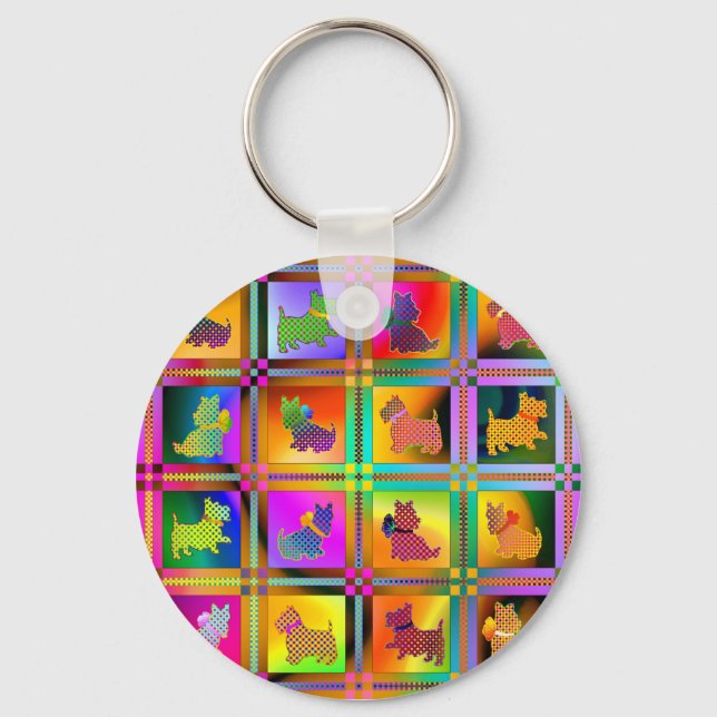   Colorful  Scottish Terriers with Plaid Pattern Key Ring (Front)