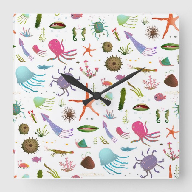 Colorful Sea Life Square Wall Clock (Front)