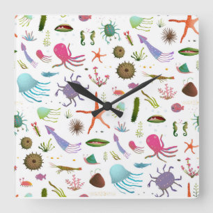Colorful Sea Life Square Wall Clock