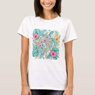 COLORFUL SEA TURTLE WITH PRETTY TROPICAL FLOWERS T-Shirt