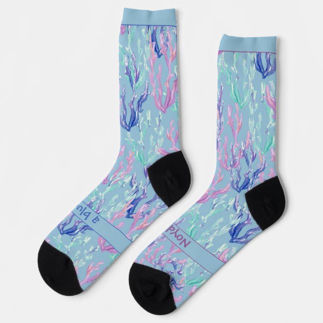 Colorful Seaweed, Text on Blue Socks (Left)