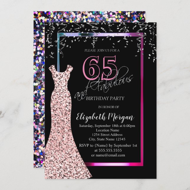Colorful Sequins Rose Gold Dress 65th Birthday Invitation (Front/Back)