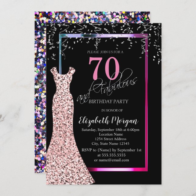 Colorful Sequins Rose Gold Dress 70th Birthday Invitation (Front/Back)