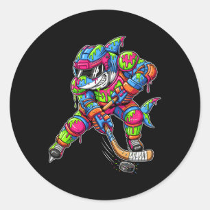 Colorful Shark Hockey Ice Cream Drip Player  Classic Round Sticker