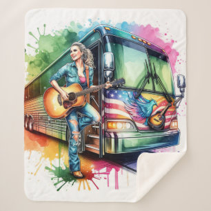 Colorful Singer With Guitar and Tour Bus Custom Sherpa Blanket