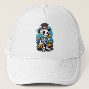 Colorful skeleton with halloween pumpkin trucker hat