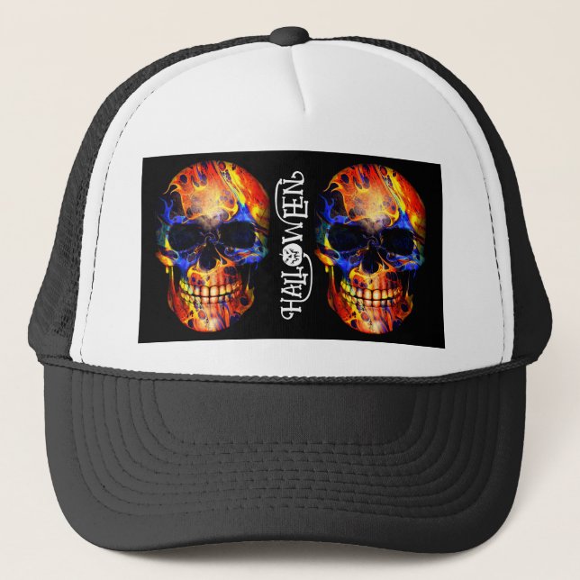 COLORFUL SKULL SKELETON HAPPY HALLOWEEN APPAREL TRUCKER HAT (Front)