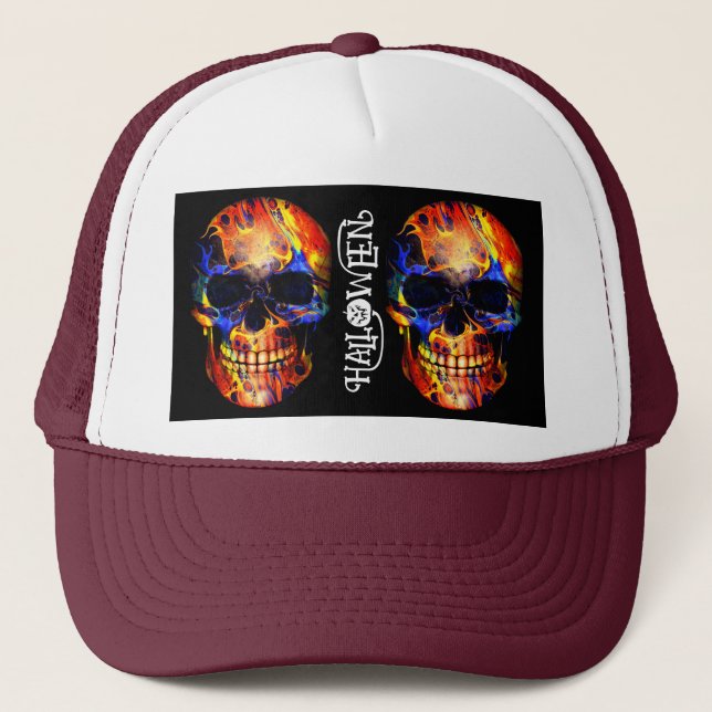 COLORFUL SKULL SKELETON HAPPY HALLOWEEN APPAREL TRUCKER HAT (Front)