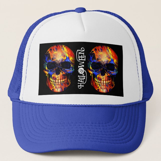 COLORFUL SKULL SKELETON HAPPY HALLOWEEN APPAREL TRUCKER HAT (Front)