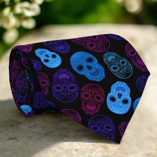 Colorful Skulls Neon Light Color Spooky Halloween Tie