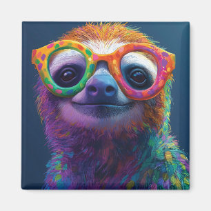 Colorful Sloth Fun Illustration with Glasses Magnet