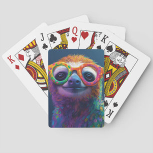 Colorful Sloth Fun Illustration with Glasses Playing Cards