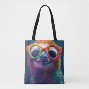 Colorful Sloth Fun Illustration with Glasses Tote Bag
