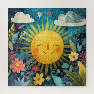 Colorful Smiling Sun Over Pretty Flowers Jigsaw Puzzle