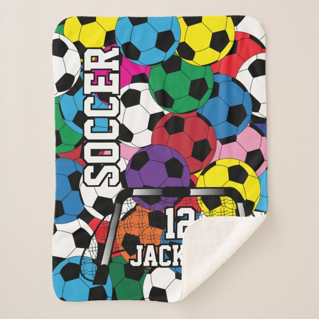 Colorful Soccer Ball Collage with Text Sherpa Blanket (Front)