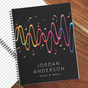 Colorful sound waves musical notes name and text notebook