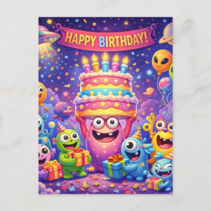 Colorful Space Monster Birthday Party with UFO Holiday Postcard