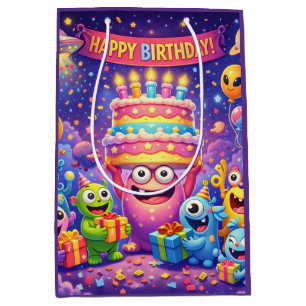 Colorful Space Monster Birthday Party with UFO  Medium Gift Bag