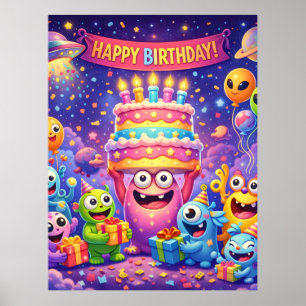 Colorful Space Monster Birthday Party with UFO Poster
