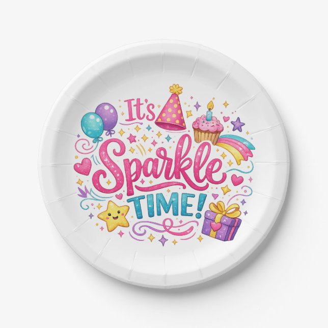 Colorful Sparkle Time Birthday Party Paper Plates (Front)