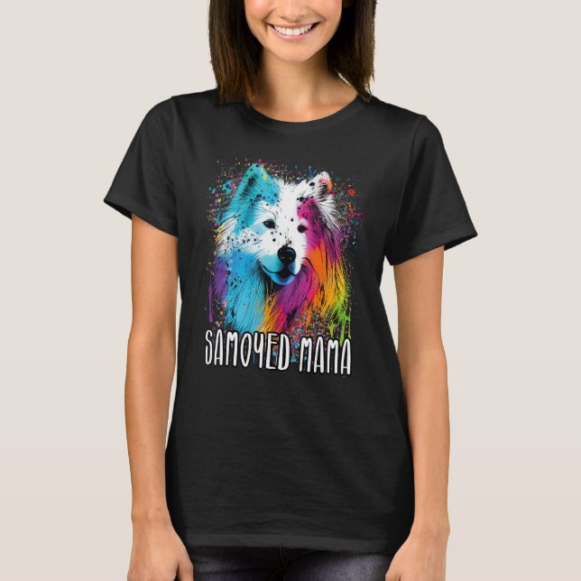Colorful Splash Samoyed Mama Portrait Puppy T-Shirt (Front)