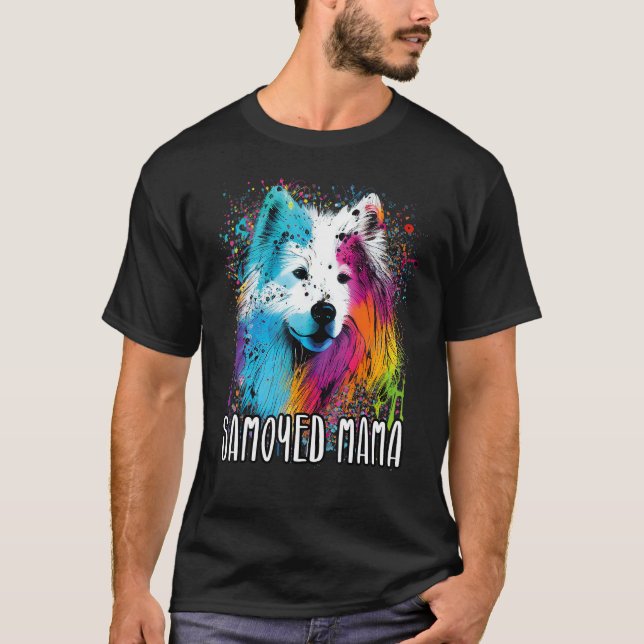 Colorful Splash Samoyed Mama Portrait Puppy T-Shirt (Front)