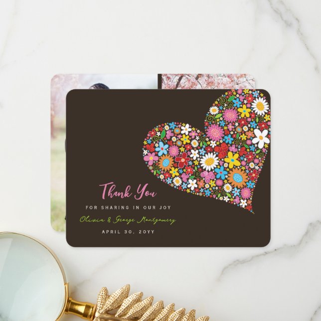 Colorful Spring Flowers Heart Whimsical Wedding Thank You Card (Front/Back In Situ)