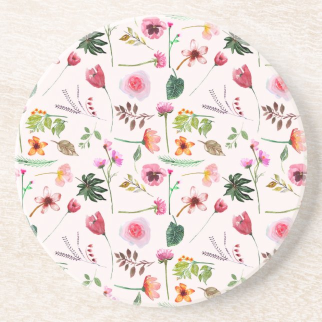 Colorful spring flowers watercolor pattern coaster (Front)