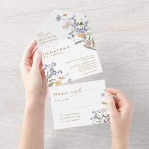 Colorful Spring Wildflower Meadow Gold Wedding All In One Invitation