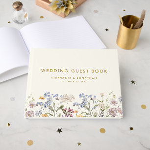 Colorful Spring Wildflower Meadow Gold Wedding  Guest Book