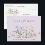Colorful Spring Wildflower Meadow  Save the Date Postcard<br><div class="desc">This elegant lavender save the date postcard features delicate wildflower blooms in soft pastel tones, creating a romantic botanical announcement for your special day. The muted purple background paired with airy meadow florals and subtle foliage accents gives this design a whimsical yet minimalist charm. Perfect for spring garden weddings and...</div>