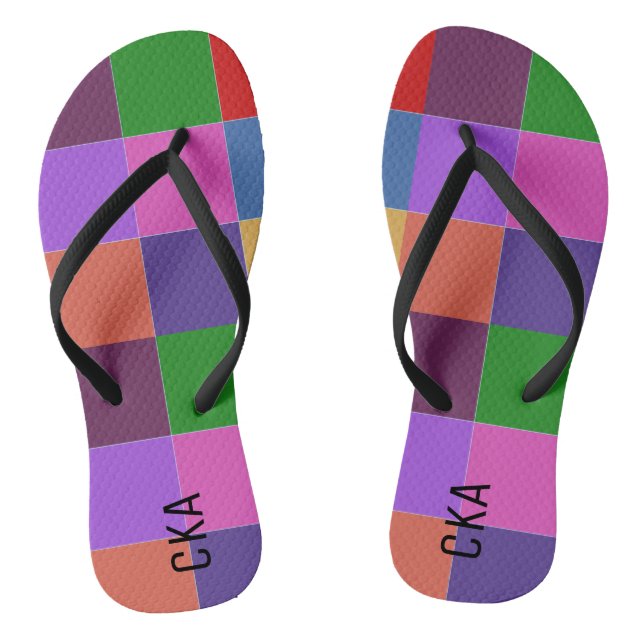 COLORFUL SQUARE SHAPE PATTERN MONOGRAM INITIALS FLIP FLOPS (Footbed)