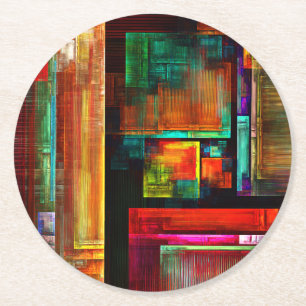 Colorful Squares Modern Abstract Art Pattern #04 Round Paper Coaster