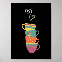 Colorful stacked tea/coffee cups, steaming mugs